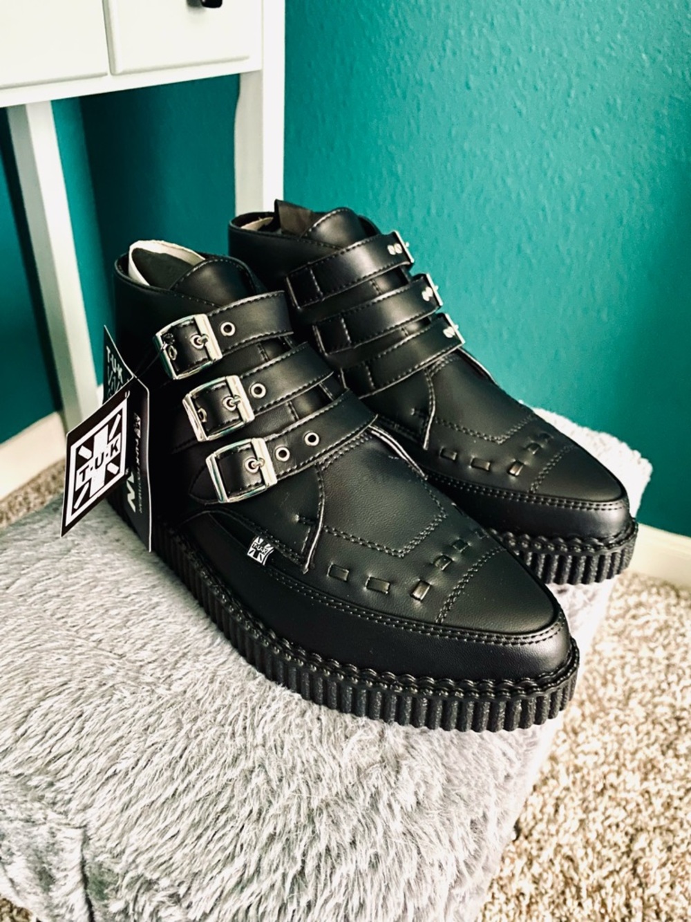 Black TUK 3-Buckle Pointed Creeper Boot, M6/W8